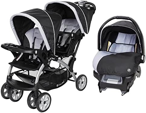 Baby Trend Sit N Stand Easy Fold Travel Double Baby Stroller and Single Infant Car Seat Travel System with Safety Harnesses and Cover, Stormy