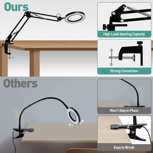 10X Magnifying Glass with Light, 1,800 Lumen 3 Color Stepless Dimming, 4.2 Inch Real Glass Lens LED Lighted Magnifier, Adjustable Swing Arm with Clamp Desk Lamp for Craft Repair Crochet Puzzles