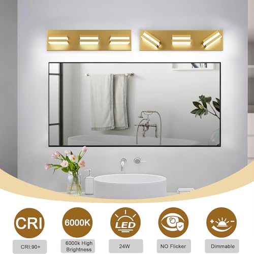 Image of IZORRO LED Modern Bathroom Lights Fixtures(3-Light,Dimmable,360Rotate),Brushed Glod Acrylic Wall Lighting,Vanity Lights for Bathroom Over Mirror - 6000k 16In (No Assembly Required)
