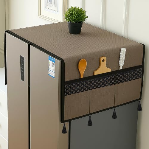 Image of Refrigerator Double Door Waterproof, Dustproof, Tassel Lace Refrigerator Top Cover, Protective Covers for Fridges with Extra Storage Space Nylon Top cover with 6 Storage Pockets (Golden, 170 x 65 cm)