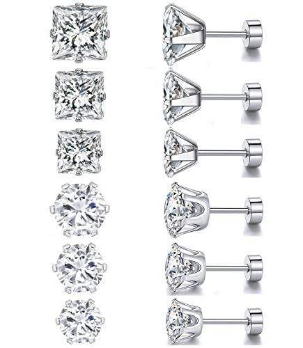 VOLUKA Titanium Flat Back Earrings - Pack of Surgical Stainless Steel Round Square Princess Cut CZ Screw Back Stud For Women Men Hypoallergenic Cubic Zirconia Earrings