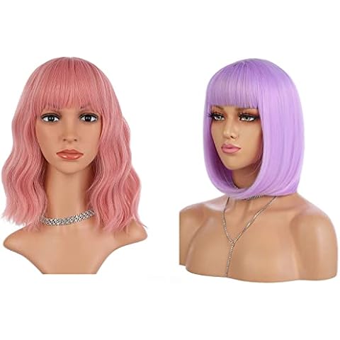 eNilecor Pink Wig&Purple wig，Short Colorful Synthetic Curly Pastel Wigs with Air Bangs&Short Bob Hair Wigs 12" Straight with Flat Bangs Cover
