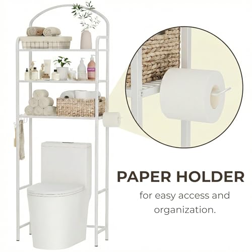 3-Tier Over The Toilet Storage, Bathroom Organizer, Space-Saving, Above Toilet Storage Rack with 4 Hooks and Paper Holder, Metal Shelf, White - Image 6