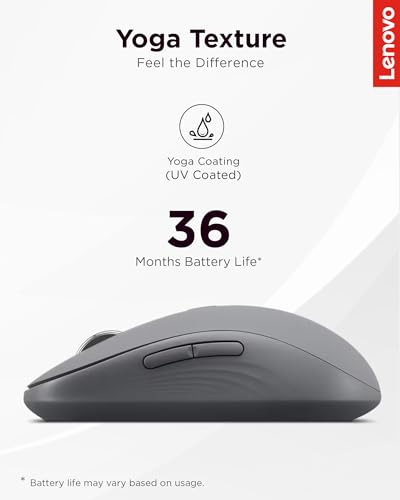 Image of Lenovo Yoga Bluetooth Silent Mouse, 3 Level DPI Adjustment, 36 Month Battery Life, Bluetooth 5.3, 3 Device Paring, Whisper Quiet, Programmable Buttons, Smooth Finish, Luna Grey