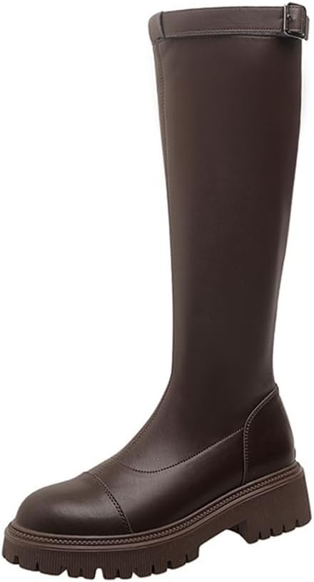 [SUCHETA] 太もも高ブーツ女性の革ライダーブーツ膝弾性ブーツ厚底ブーツ英国スタイルロングブーツではない