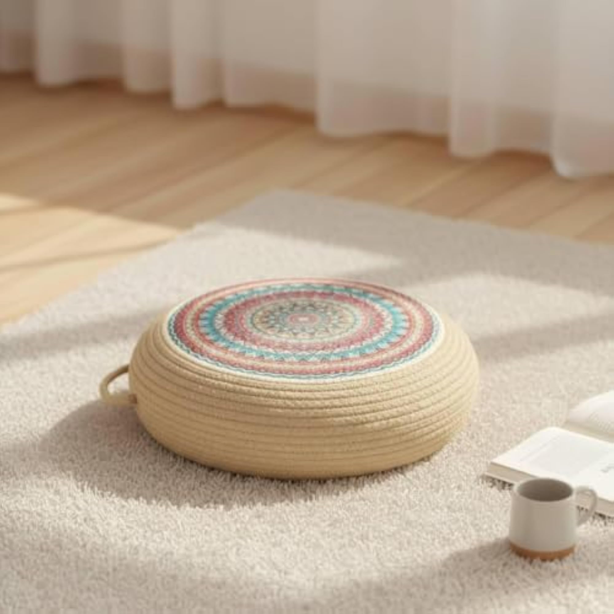 Low-Profile Thick Round Floor Cushion with Woven Rope