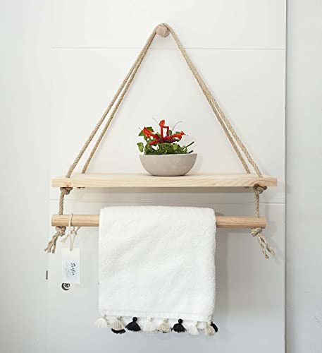 Ssafia Estante Flotante con Balda para Perchero Toallero de Madera de Pino y Cuerda de Cáñamo, Gancho de Madera Incluido.50x23x52cm(Alto) Estilo nórdico, Decorar y ordenar