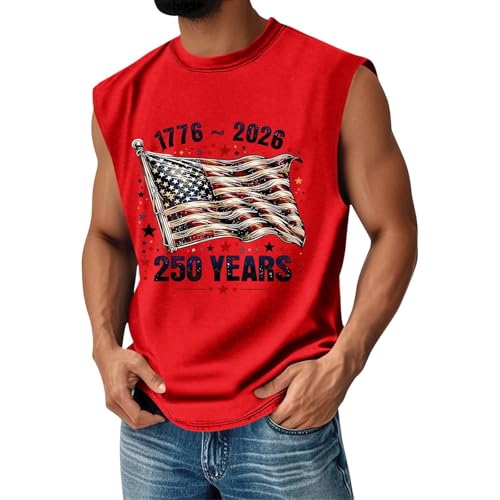 Muscle Tank Tops Men American Flag Print Holiday Sleeveless Vest Slim Fit Summer Top Basic Breathable Lightweight T Shirt Fitness Bodybuilding T-Shirts for Training(Red, S)