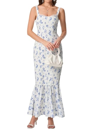 Image of HTZMO Women Casual Summer Floral Maxi Dress Square Neck Boho Wedding Guest Elegant Long Sundress