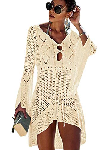 EDOTON Damen Gestrickte Strandkleid Bikini Cover Up Sommer Strand Vertuschen Bikinibluse (D- Beige)