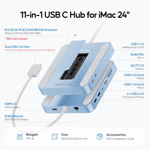 Image of 11 in 1 USB C Hub for iMac 24 inch 2021 2023 2024 USB Hub Docking Station Support M.2 SSD (NOT Included), iMac M1 M3 M4 Accessories, 4K HDMI, 2.5G Ethernet, 5 USB A /C 3.2 10Gbps, SD /TF - Blue