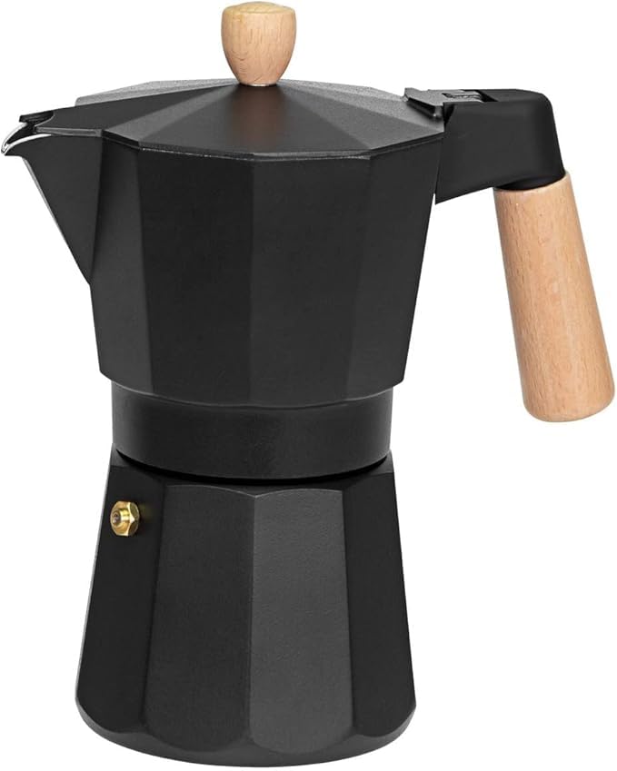 Image of Black Stovetop Moka Pot Espresso Maker with Wooden Handle & Knob Traditional Italian Aluminium Coffee Percolator with Safety Valve, Octagonal Design, Compatible with Gas & Induction Stoves