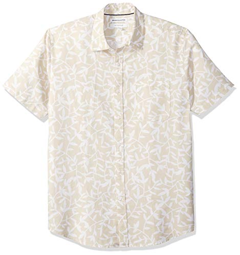 Amazon Essentials Men s Regular-Fit Short-Sleeve Linen Cotton Shirt, Natural Leaf Print, Medium