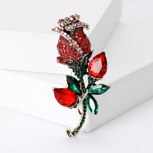 Image of YOQUCOL Elegant Cubic Zirconia Crystal Rhinestone Red Rose Shape Brooch Pin for Women Grils