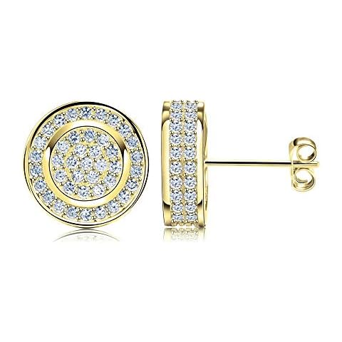 Classic Milgram Cut Vintage Style Hockey Disk Stud Earrings Paved With AAA Austrian Cubic Zirconia Crystal, Medium Size, 12mm Diameter For Man and Women. Gold Plated Finishes Cover