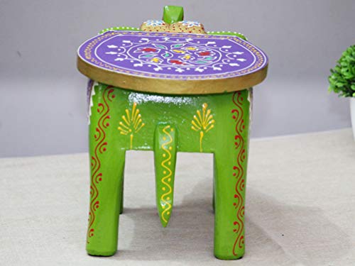 JH Gallery Handcrafted and Emboss Painted Colorful Wooden Elephant Decorative Showpiece Stool/Side Table for Home/Office/Living or Bedroom Decor (Green)
