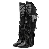 LIPIJIXI Women's Fringe Knee High Boots Chunky Heel...