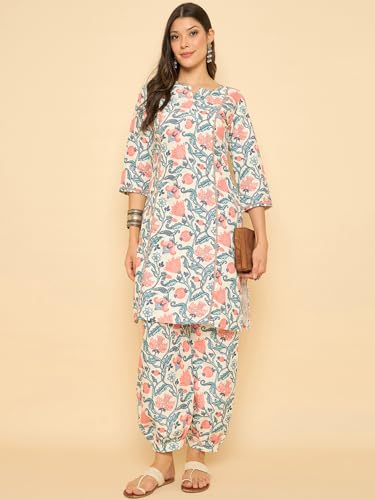 Image of SheWill Women Cotton Blend Floral Printed Straight Kurta with Mandarin Collar, Button Detailing, and 3 /4th Sleeves Paired with Matching Printed Pants