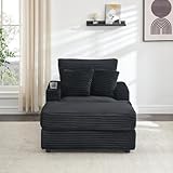 Modern Reclining Armchair with Ottoman, Built-In Cup Holder, High Back Design, 2 Throw Pillows, and Soft Corduroy Upholstery – Adjustable Single Sofa for Living Room, Bedroom, Office (Black)