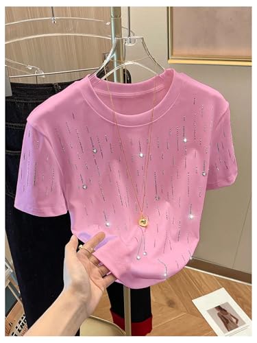 Image of RoseSeek Women's Beaded Sequin Tops Bowknot Bow T Shirt Short Sleeve Crewneck Trendy Tee Top Y2k Tops