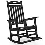 PLUUV Outdoor Rocking Chair, HDPE Patio Rocking Chairs with Footboard, All Weather Porch Rockers Outdoor for Adult, Effortless Installation, Black