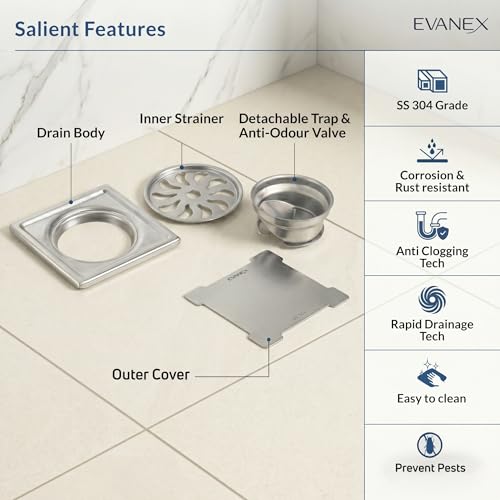 Image of EVANEX Square Shower Drain Channel | 6x6 Inch Floor Drain | 304 Stainless Steel Bathroom Jali |Waste Water Bathroom Drainer with Cockroach Trap | Silver| Bathroom Accessories Set