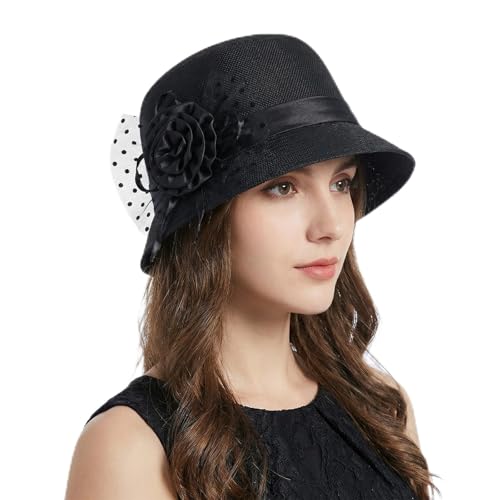 1920s Style Wide Brim Church Hat for Women with Floral Decor for Funerals Weddings Parties and Special Occasions
