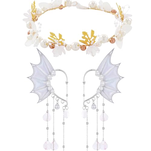 FRESHME Fairy Ear Cuffs with Crown - Elf Ear Cuffs Mermaid Ears Fairy Crown Halloween Costume Renaissance Accessories