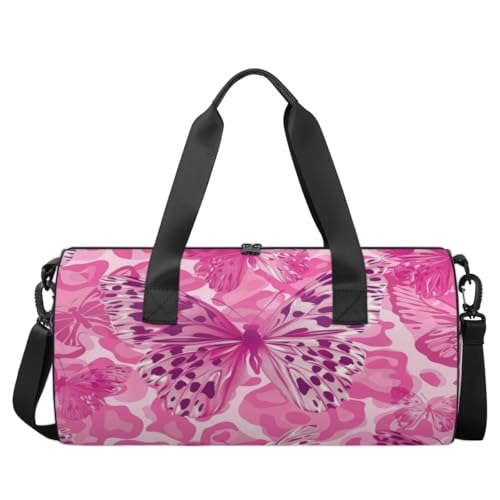 Leopard Pattern Butterflies Round Barrel Sports Fitness Bag, Pink Travel Luggage Bag, Reusable Handbag, Suitable For Men and Women2