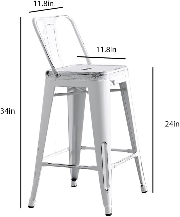 Metal Bar Stools Set of 2 with Backrest 24 Inches Bar Chairs for Indoor Outdoor Bistro Bar Kitchen Distressed White