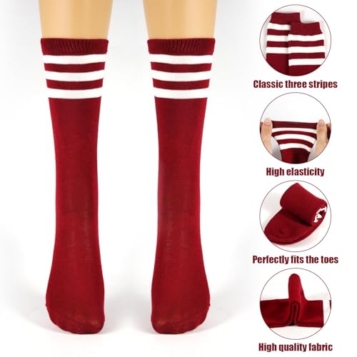 3 Pairs Soccer Socks, Soft Cotton Athletic Socks Mid Tube Socks Youth Socks Mid-Calf Socks for Sport Boys Girls Gift (Wine Red and White Strips)4