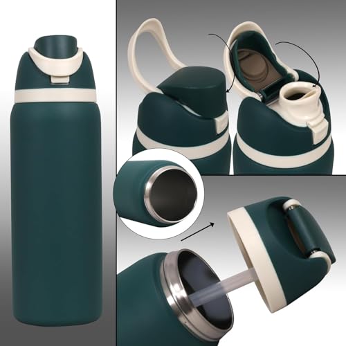 Image of LHOTSE FreeSip Gym Water Bottle with Straw & Spout | Leakproof Stainless Steel Sports Bottle for Workout, Fitness Training & Exercise Hydration (Dark Green, 960 ML)