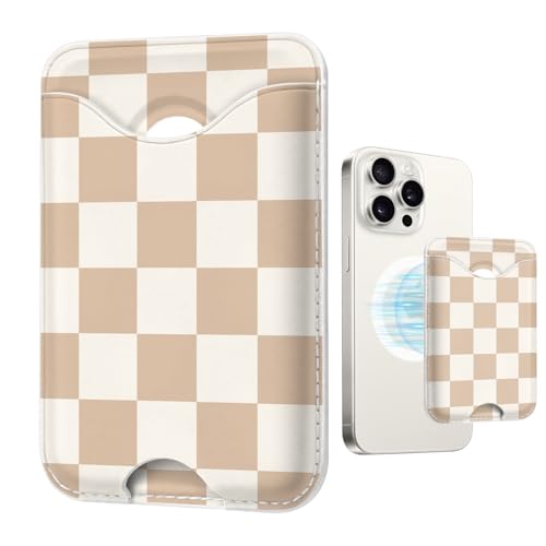 Image of Checkered Magnetic Wallets Compatible with Magsafe Wallet for iPhone 17 /16 /15 /14 /13 /12 Series Pro Max Plus Air, Phone Magnet Card Holder for Women Men Lether Mag Safe Brown