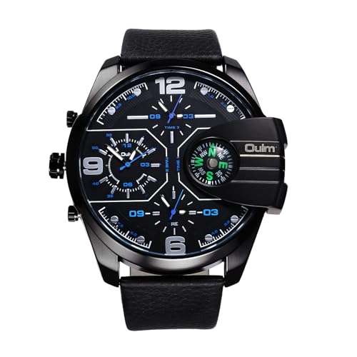 JewelryWe Montre Homme Triple Fuseau Horaire: Grosse Montre Bracelet Cadran 6.4cm avec 3 Compteurs & Boussole Décoratifs - Bracelet PU Résistant Mouvement...