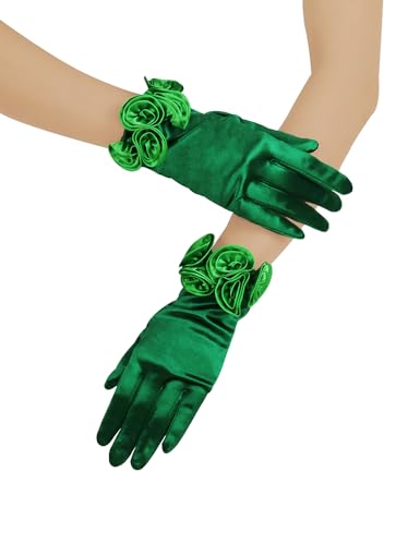 Goiruiya Short Satin Floral Gloves Elegant Wedding Dress Gloves for Opera Dinner Party Accessories Green