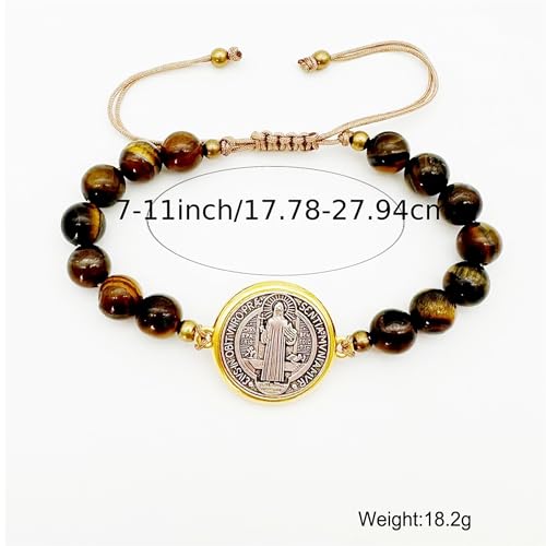2Pcs San Benito Bracelet Tigher Eye Bracelet Saint Benedict Medal Catholic San Benito Medalla3