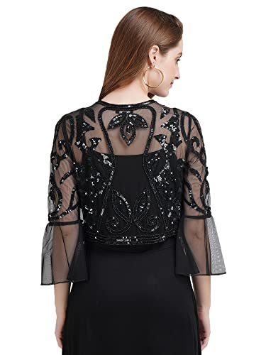 AOL Women net Sequins Embroidered Shrug with Flared Sleeves2
