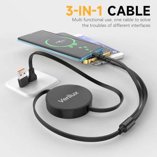 Image of Verilux 3 in 1 USB to Type C Cable, PD 100W Multi USB A /C to USB C /Light-ning /Micro USB Cable, 3.6FT Retractable Car Charger Type C Cable for iPhone 16 /15 /14, Galaxy S24 /S23, Android, Laptop