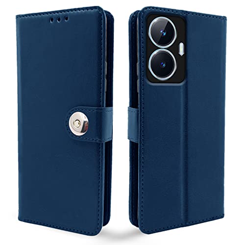 Image of Pikkme Realme Narzo N55 / Realme C55 Flip Cover Leather Finish | Inside TPU with Card Pockets | Wallet Stand and Shock Proof | Complete Protection Button Flip Case (Blue)