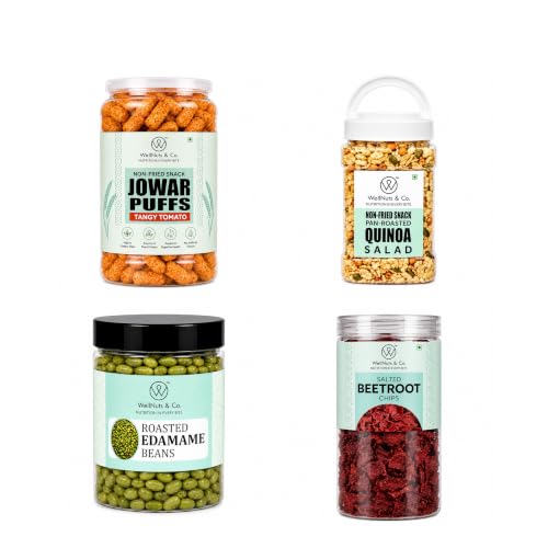 Image of WellNuts & Co. Healthy Snack Combo Pack of 4 |Jowar Puffs Tangy Tomato - 200g, Quinoa Salad - 325g, Roasted Edamame Beans - 200g, Salted Beetroot Chips - 150g| Roasted & Ready to Eat Snacks | High Protein & High Fiber Combo | Snacks for Healthy Everyday