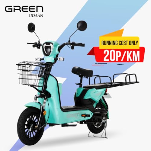 Image of Green Udaan Electric Scooter for adult's commuter with portable rechargeable battery, No RTO Registration or DL required, 30kms Range & 25kmph Power by 250W Motor, E-Bike (GREEN WITH CARRIER)