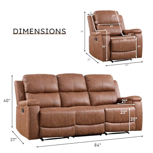 Image of CANMOV Faux Leather Manual Recliner Sofa Set, Manual Reclining Sofa and Recliner Chair with Concealed Cup Holders for Living Room,Bedroom Furniture,Brown