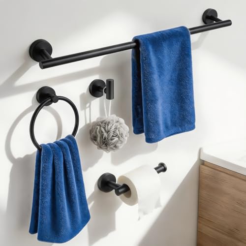 HOMOTEK 4 Pieces Bathroom Accessories Hardware Set, 24 inch Towel Bar, Towel Ring, Robe Hook, Toilet Paper Holder, Stainless Steel Rack Kit Wall Mounted, Matte Black by HOMOTEK - Used condition - Image 7