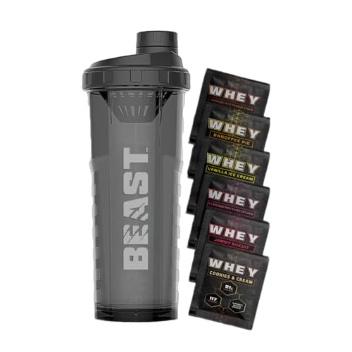 Beast | Protein Shaker Bottle + Whey Protein Powder Samples | 6 Sachets + 1000ml Shaker Gym Gift Set