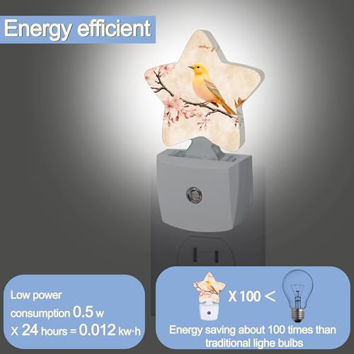 Image of Bird Vintage Nightlight,Pink Cherry Blossoms Star Night Lights Plug into Wall Decorations for Bedroom Bathroom,Dusk to Dawn Sensor Kitchen Hallway Stairs Energy Efficient Desk Lamp