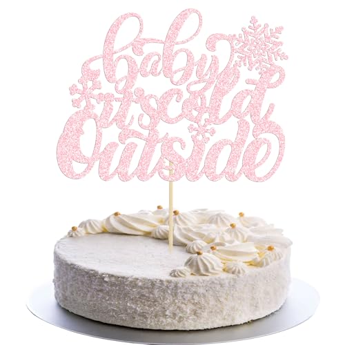 Gyufise 1 Pack Pink Glitter Baby It's Cold Outside Cake Topper Winter Baby Shower Decoration Christmas Snowflake Cake Decorations Happy New Year Xmas Holiday Party Supplies