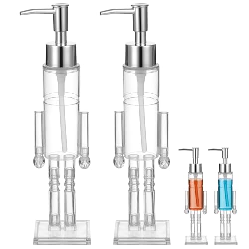 2 Pcs Nutcracker Soap Dispenser Set Clear Plastic Refillable Container Pump Christmas Hand Wash Bottle Festive Decorative Liquid Soap Vessel with Sealed Pump Ideal for Bathroom Kitchen Home Decor