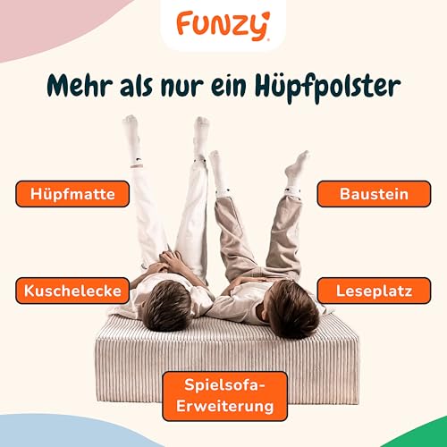 Funzy Hüpfpolster für Kinder – Hüpfmatratze mit Taschenfederkern, Sicherer & leiser Hüpfspaß, Cord-Bezug, Waschbar & Schadstofffrei, Für Motorik und Bewegung, Cord Creme Beige, 85x65x21 cm