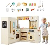 HOMASIS Cucina Angolare in Legno, Cucina Giocattolo con Luci e Suoni, inclusi 22 Accessori, Cestino della Spazzatura, Lavandino, Macchina del Gelato, Frigorifero, Lavatrice, per Bambini da 3+ Anni