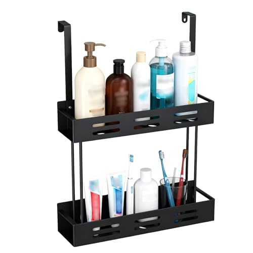 Pmueuff Estante de Ducha Colgante sin Taladro, Estanteria Baño de 2 Niveles de Acero Inoxidable, Jabonera Ducha para Puertas de Ducha, Colgador Ducha de 62 cm, Cesta de Ducha Negra con 2 Ventosas